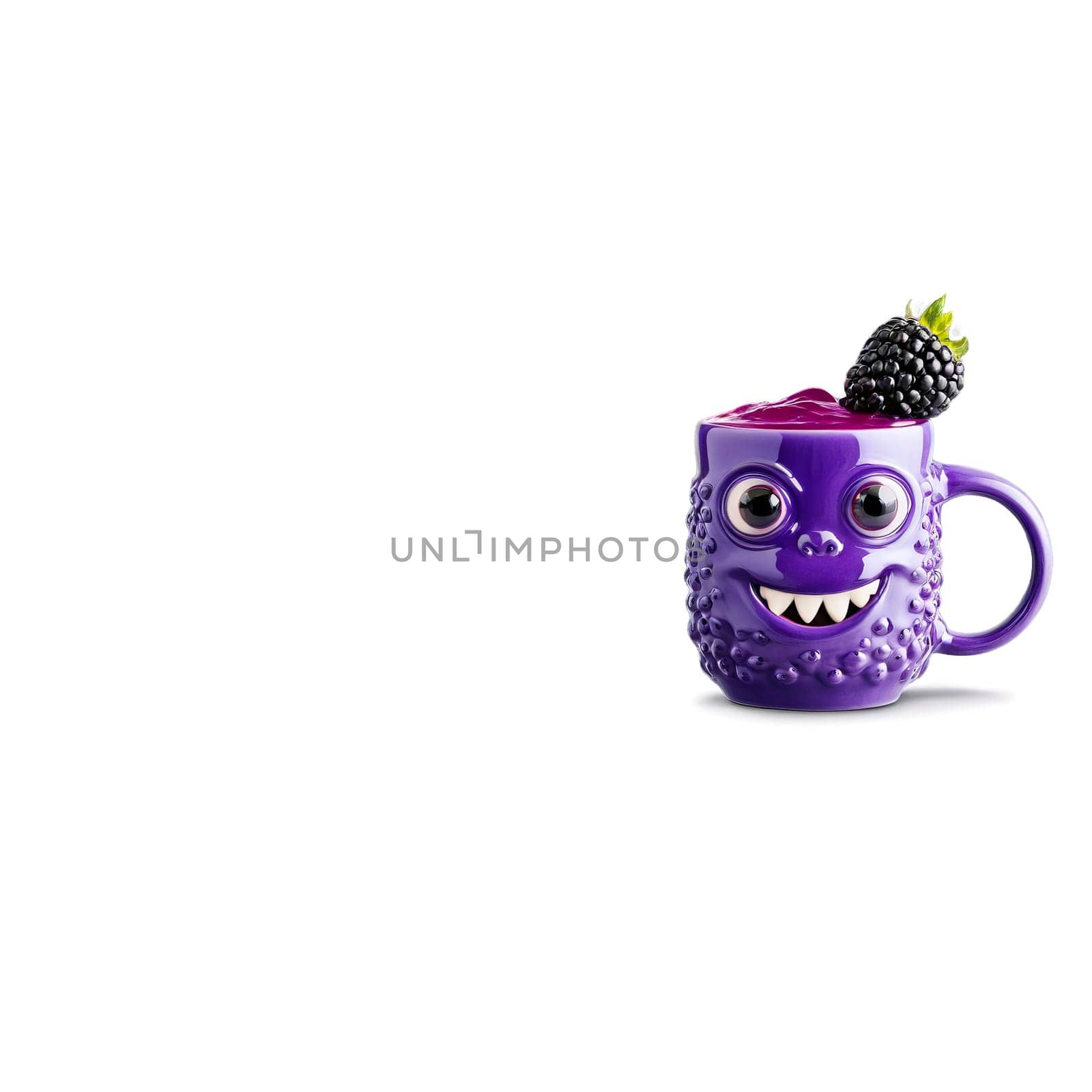 Quirky monster shaped ceramic mug with a vibrant purple glaze filled with a creamy blackberry by panophotograph