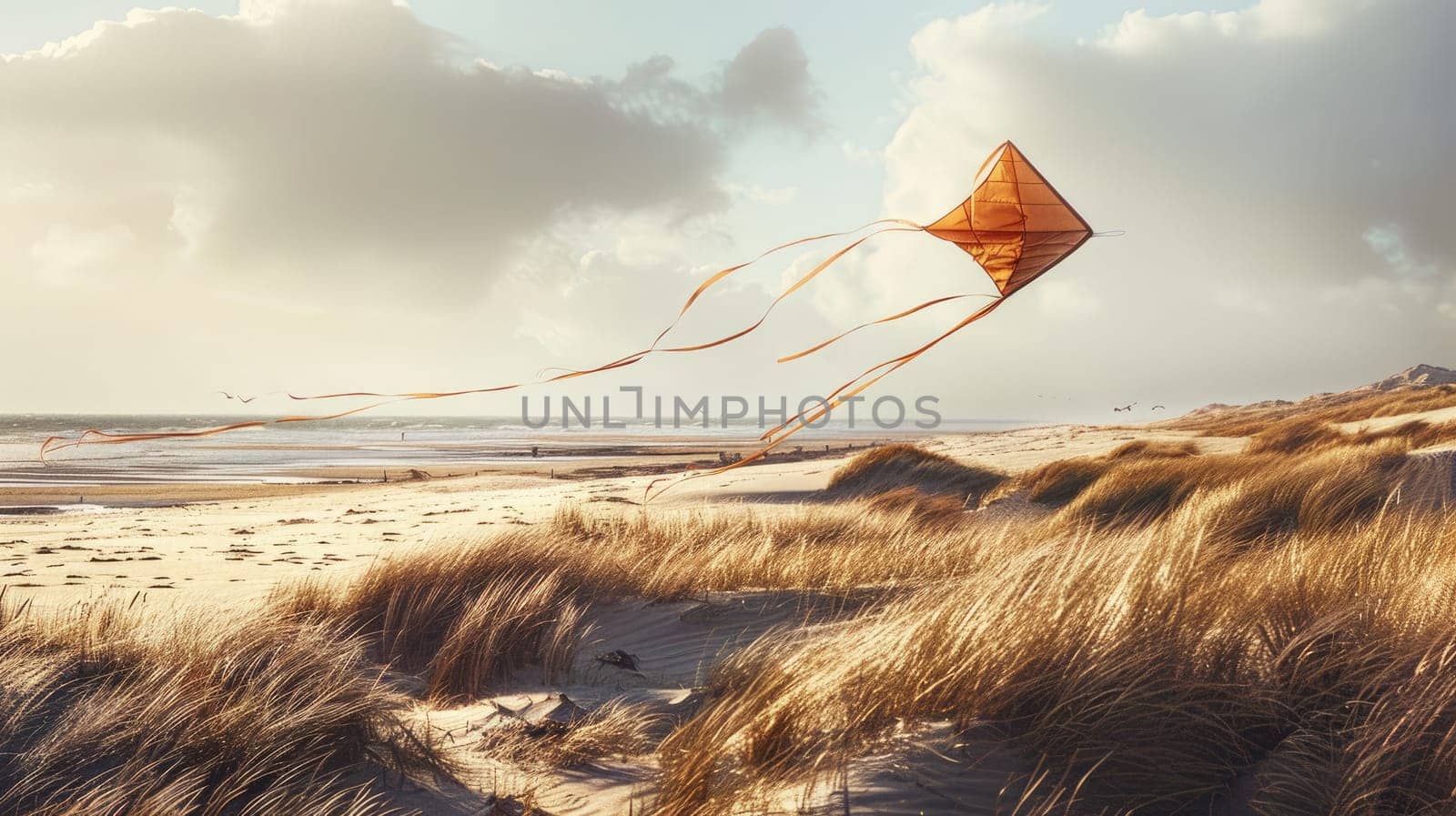 A red kite soars gracefully over a desert landscape in a painting, with cumulus clouds dotting the sky and adding to the atmosphere of heat and wind AIG50