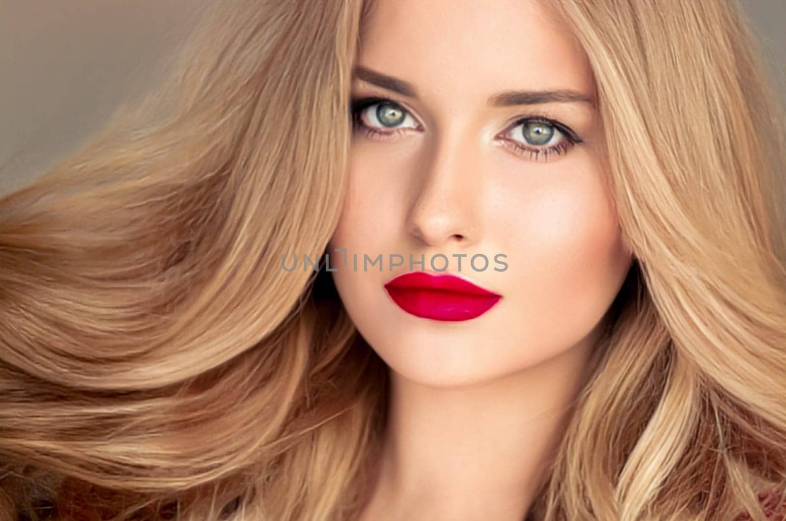 Beauty, makeup and hairstyle, face portrait of beautiful woman, red lipstick make-up and hair styling for skincare cosmetics, hair care, glamour style and fashion look by Anneleven