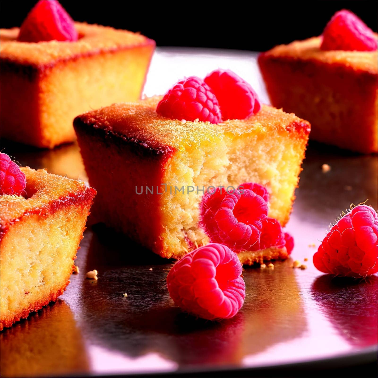 Raspberry financiers golden almond cakes fresh raspberries tumbling Food and Culinary concept by panophotograph