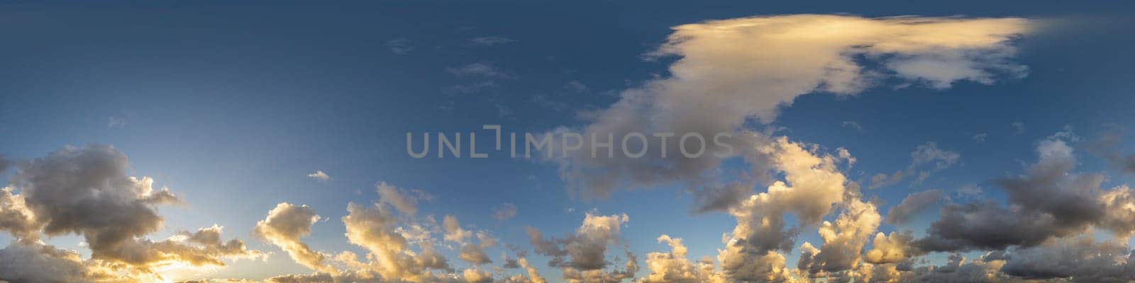 Dark blue sunset sky panorama with Cumulus clouds. Seamless hdr pano in spherical equirectangular format. Complete zenith for 3D visualization, game and sky replacement for aerial drone 360 panoramas. by panophotograph