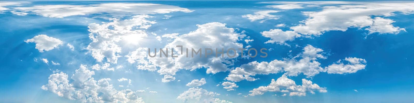 Seamless panorama of sky with puffy Cumulus clouds in spherical equirectangular format. Complete zenith for use in 3D graphics, game and composites in aerial drone 360 degree panoramas as sky dome.