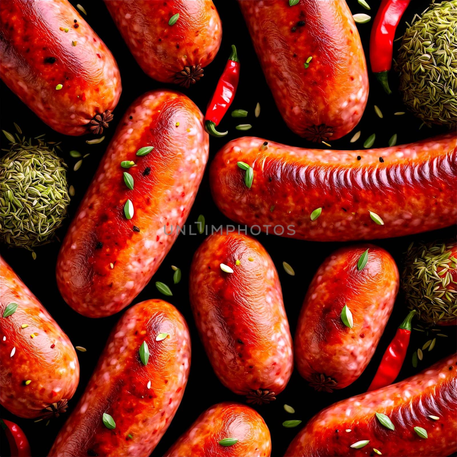 Sausage links plump and uncooked with fennel seeds and red pepper flakes tumbling in by panophotograph