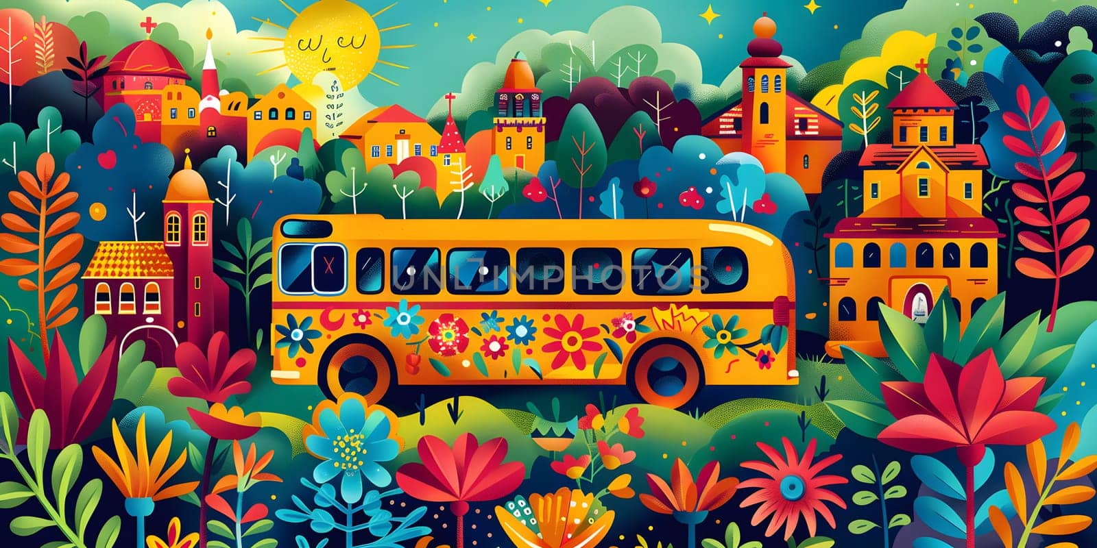 An artistic representation of a bright yellow school bus parked among colorful flowers and buildings, showcasing the harmony between nature, transportation, and architecture