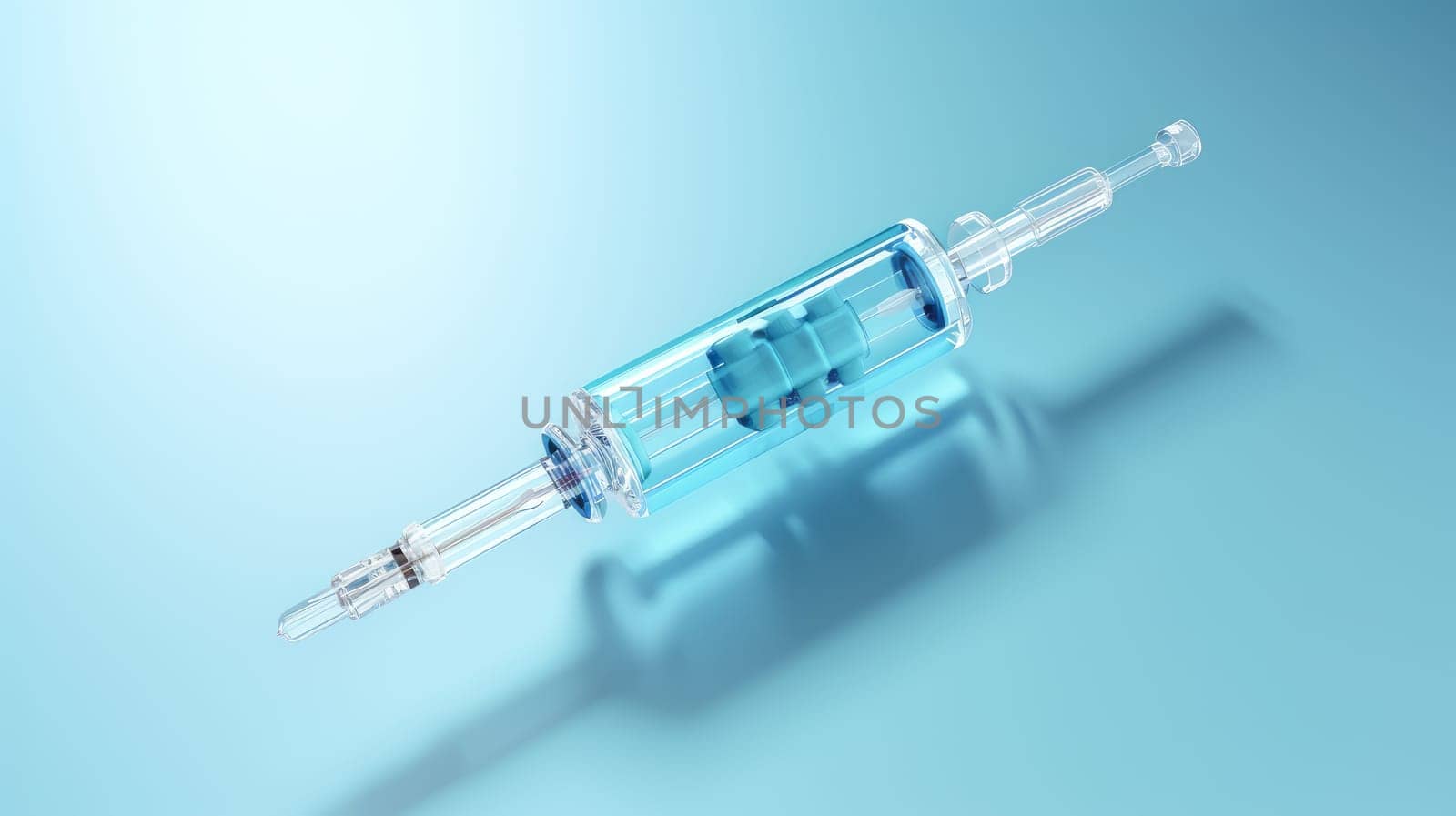 A syringe with a vaccine against diseases on a blue background. Medicine, treatment in a medical institution, healthy lifestyle, medical life insurance, pharmacies, pharmacy, treatment in a clinic.