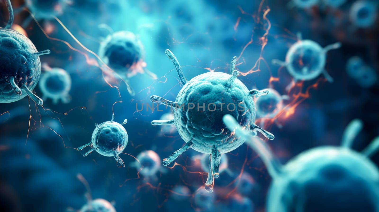 Viruses and bacteria in a modern laboratory, red bodies, macro. Medicine, treatment in a medical institution, healthy lifestyle, medical life insurance, pharmacies, pharmacy, treatment in a clinic.