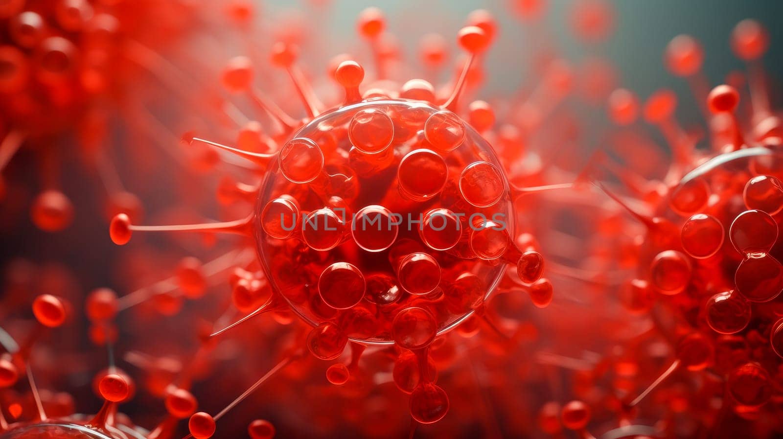 Viruses and bacteria in a modern laboratory, red bodies, macro. Medicine, treatment in a medical institution, healthy lifestyle, medical life insurance, pharmacies, pharmacy, treatment in a clinic.