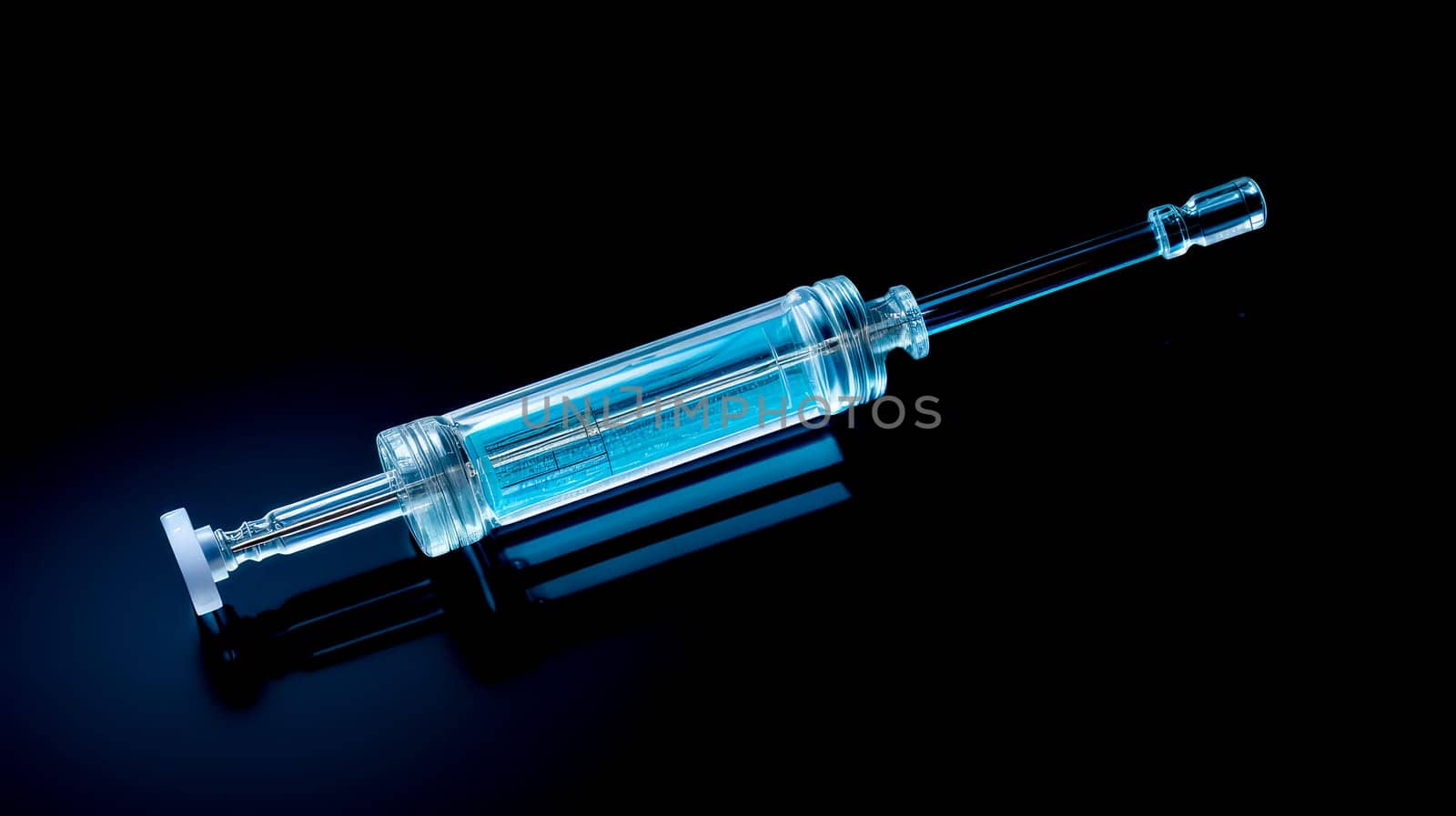 A syringe with a vaccine against diseases on a dark background. Medicine, treatment in a medical institution, healthy lifestyle, medical life insurance, pharmacies, pharmacy, treatment in a clinic.