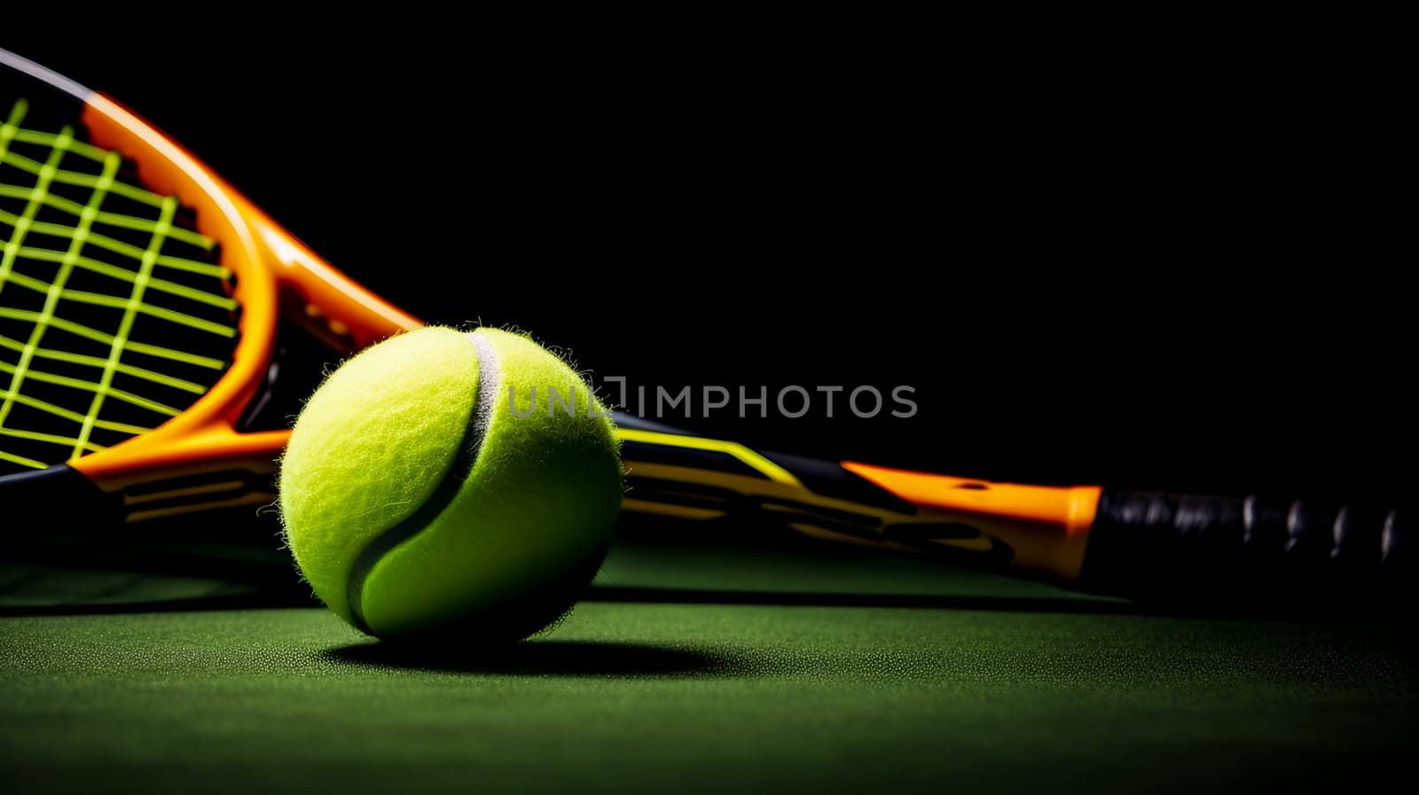 Sport background design dark tone. Closeup tennis ball and racket on line point on clay court. by Alla_Yurtayeva