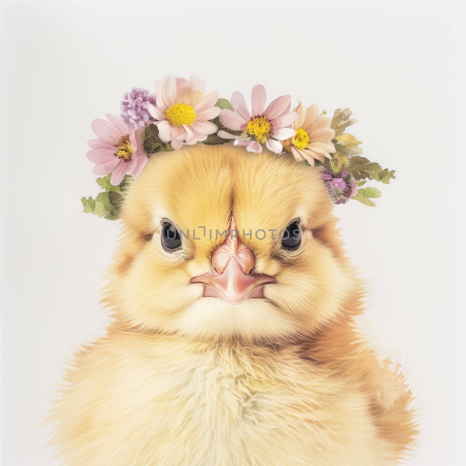 The drawing of the fluffy yellow chick with the flower crown on the head with the white blank background, the little chicken fur feels so fluffy and make chick look cute while wearing a crown. AIG43.