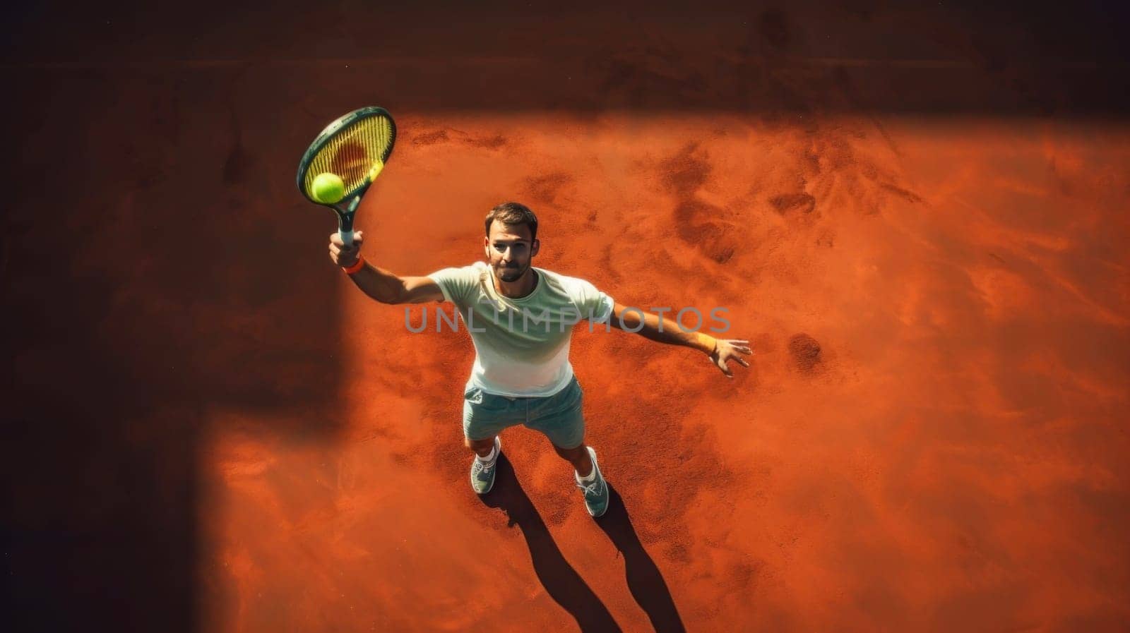 Athlete playing tennis. Young sportive man, professional tennis player in motion, action isolated over dark background in neon light. Concept of professional sport, competition, skills. Playing sports, healthy lifestyle, physical activity, training