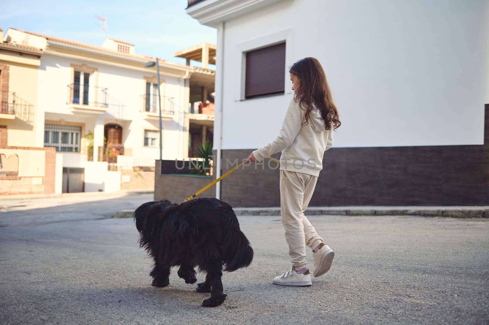 Happy adorable little child girl walking her dog on leash on the city street. Pets and children. Playing pets concept by artgf