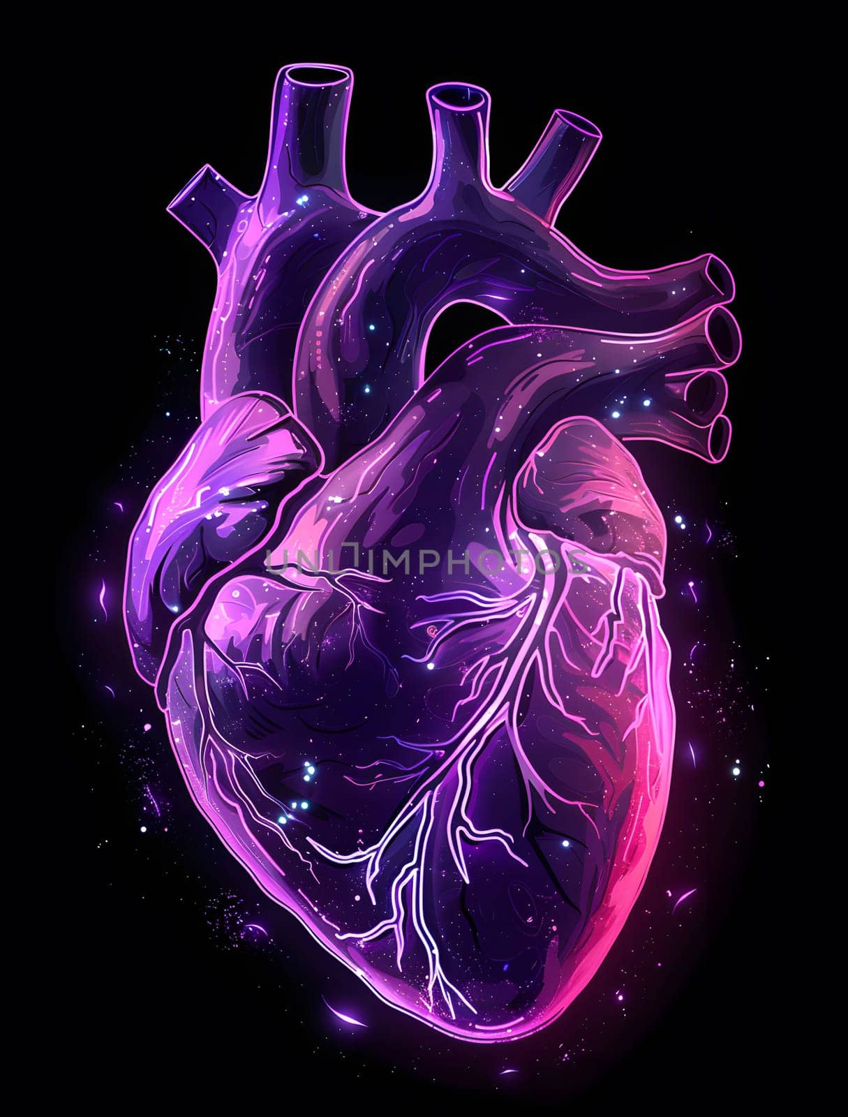 A vibrant purple human heart, resembling liquid art in shades of magenta and violet, floating on a black background like a fluid organism