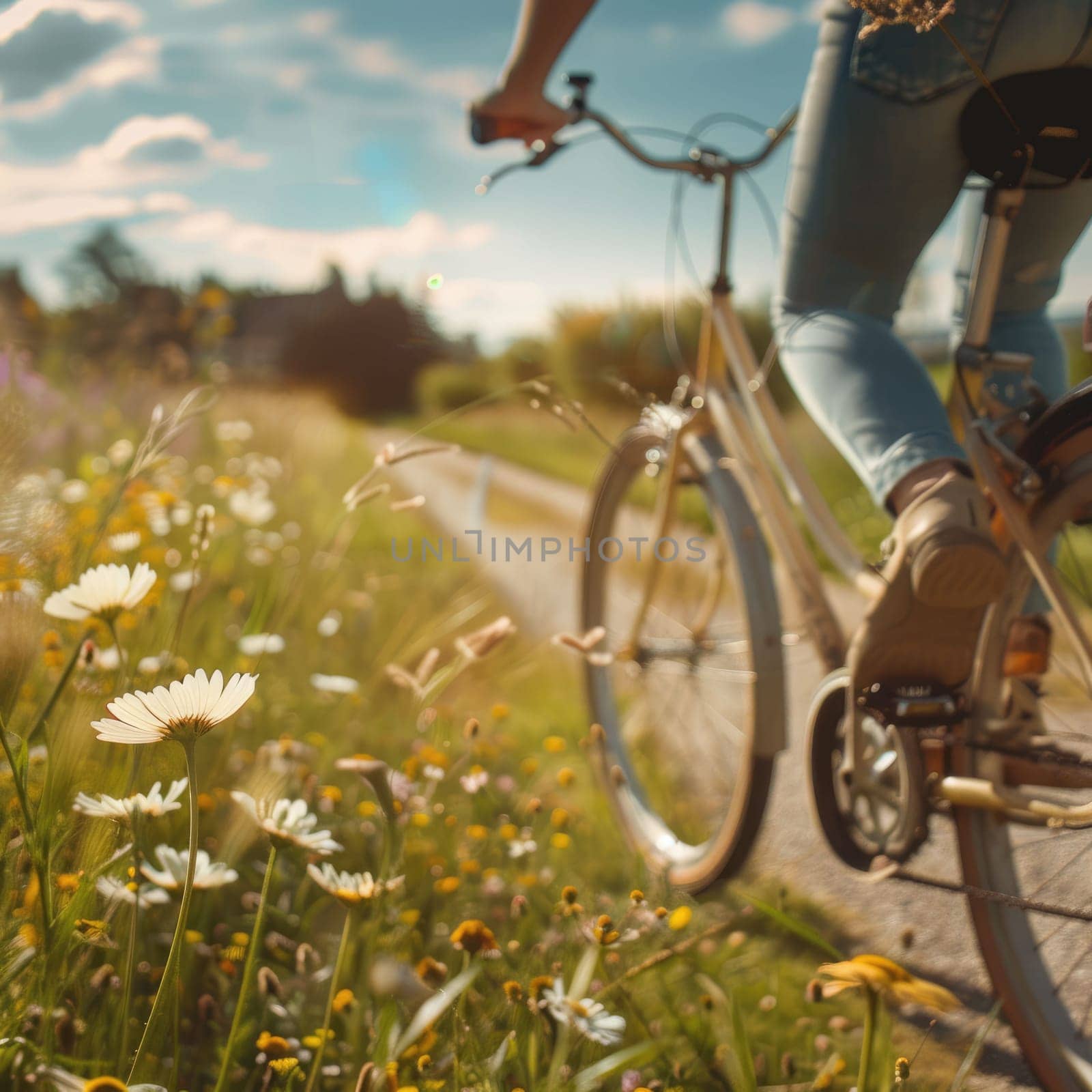 Riding a bicycle through a field of daisies, with the sun shining in the sky and fluffy clouds overhead, feeling the gentle breeze and admiring the beauty of nature AIG50
