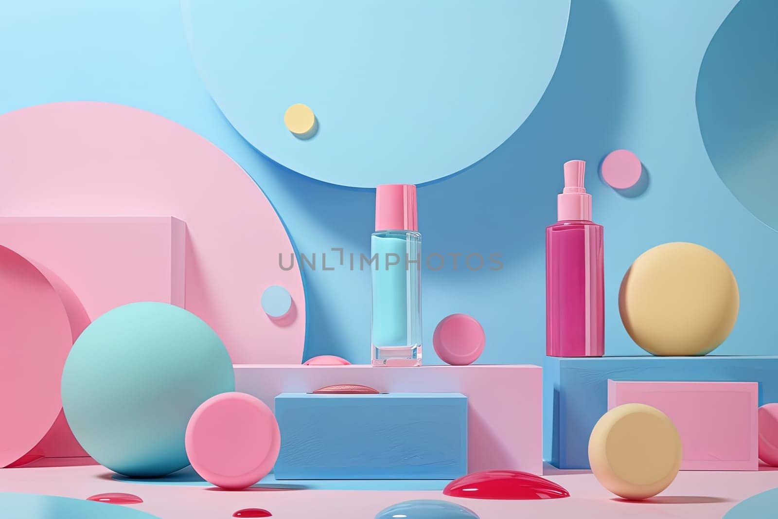 A blue and pink wall adorned with an assortment of items for display. Generative AI by AnatoliiFoto