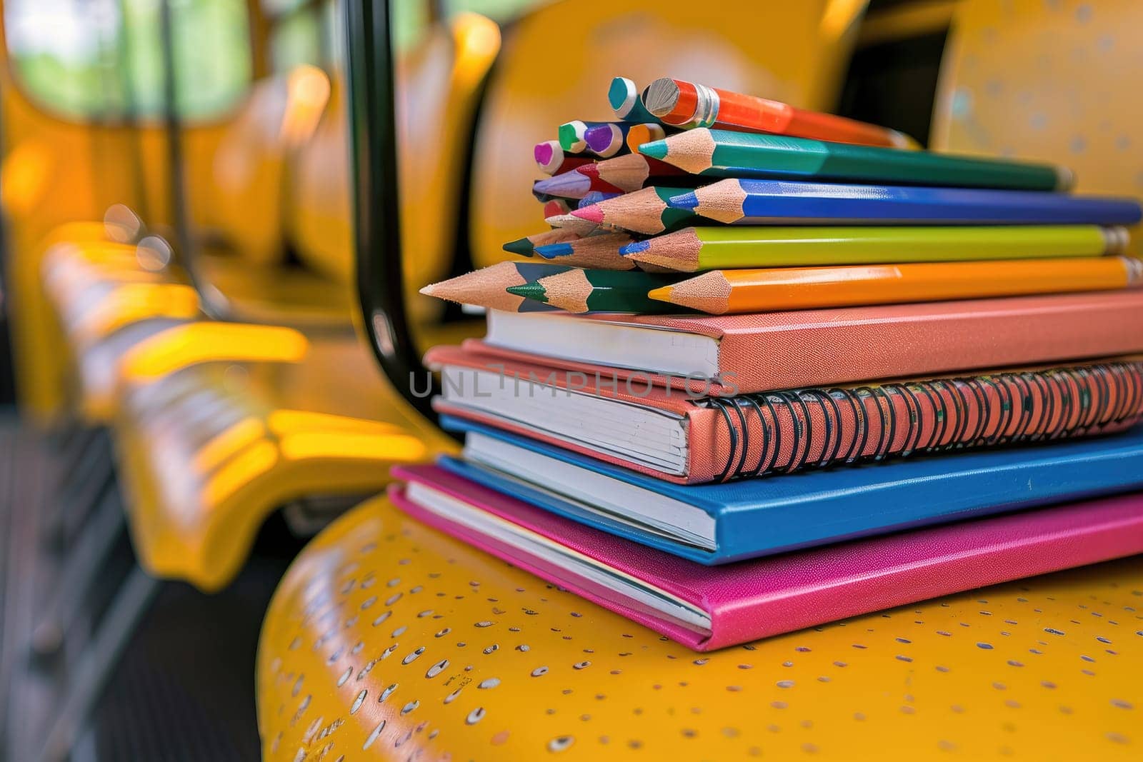 Colorful school supplies like notebooks, crayons, and pencils neatly arranged on a school bus seat