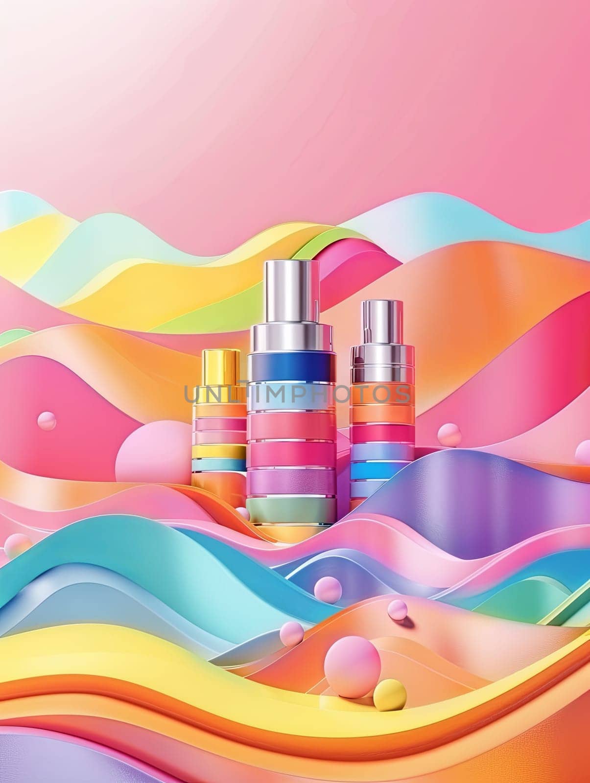 Group of cosmetics bottles arranged on top of a colorful wave background.