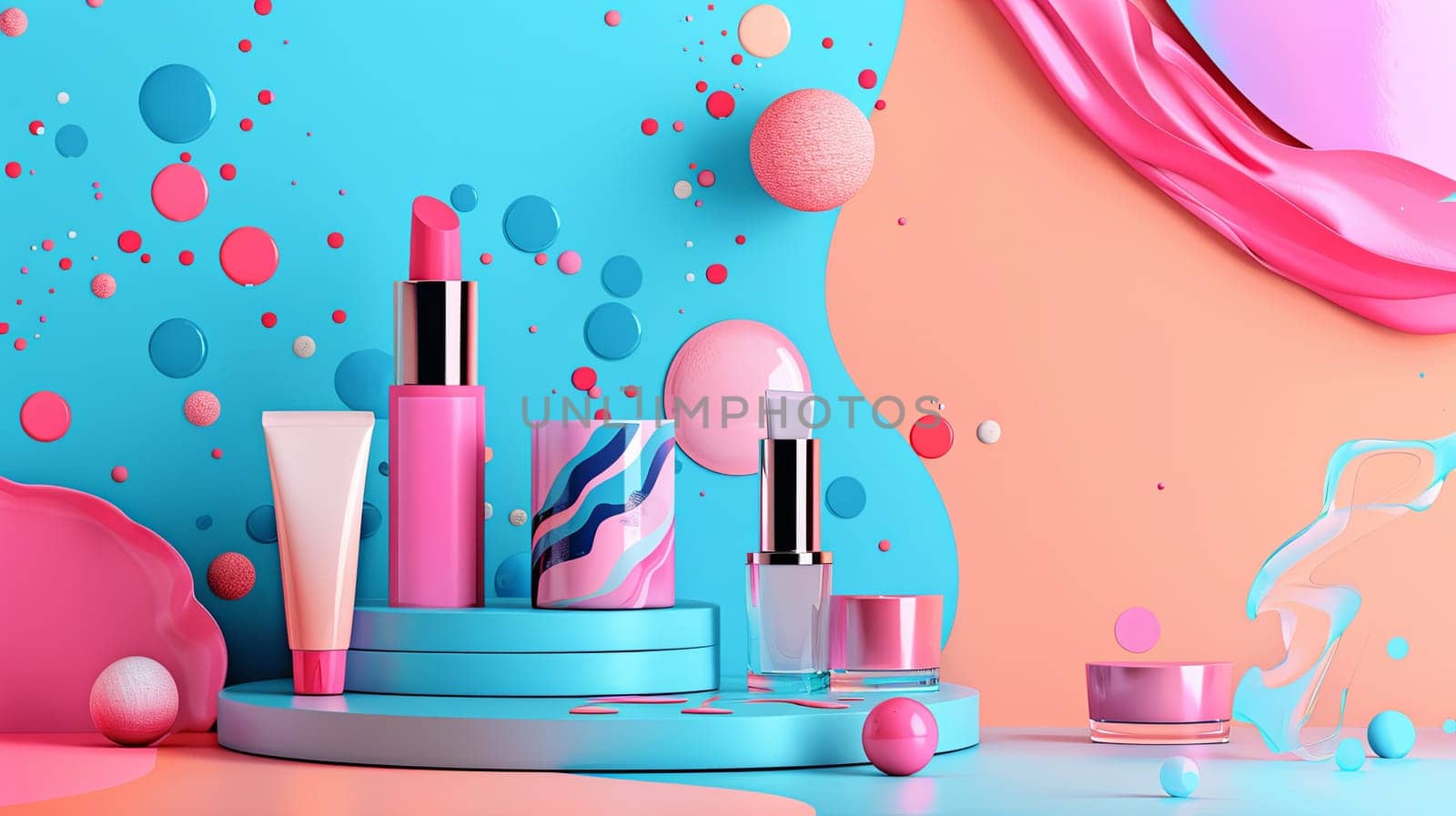 A blue and pink shelf filled with assorted cosmetics including makeup, skincare products, and beauty tools.