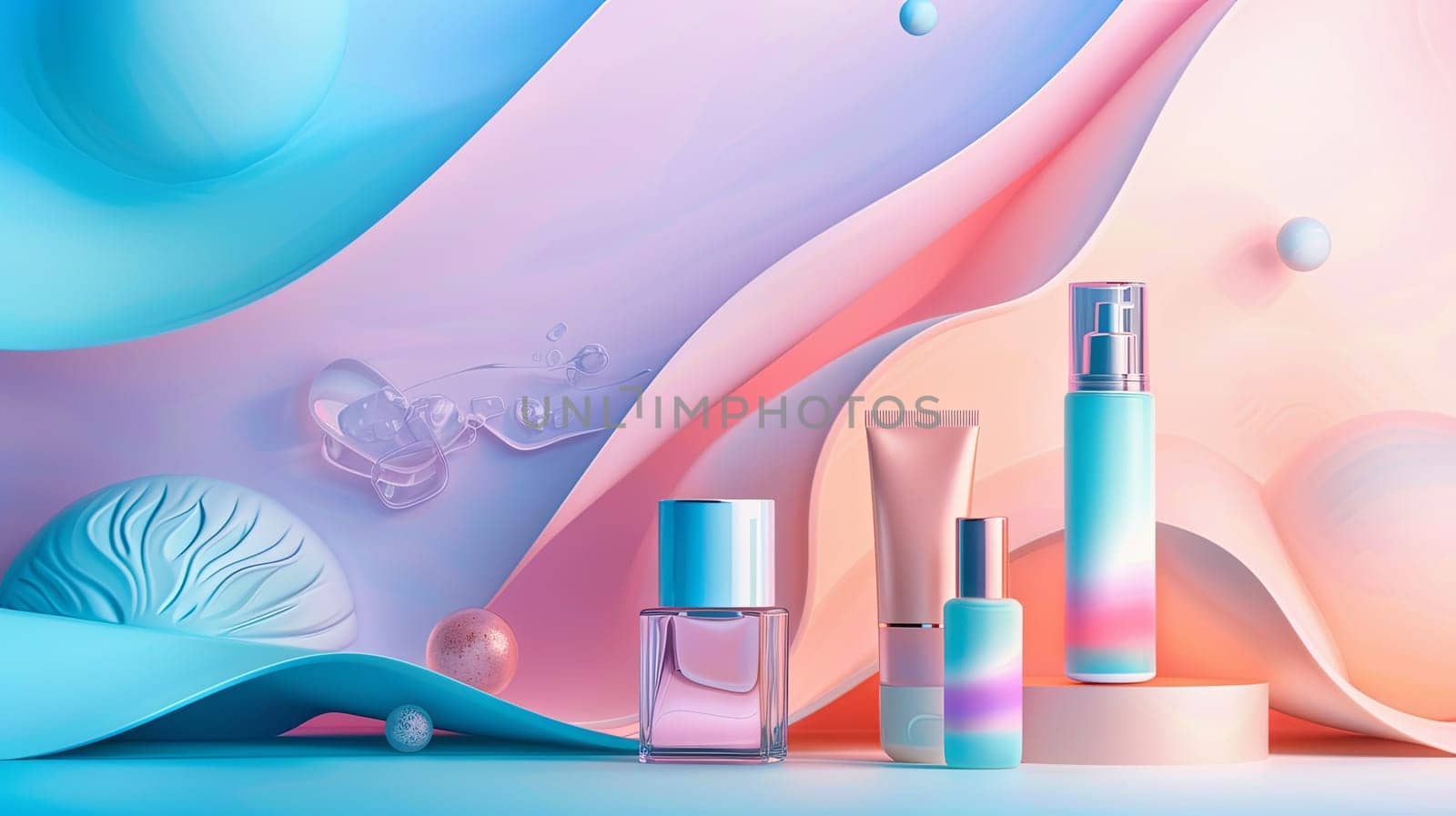 Different types of cosmetics products arranged on a vibrant and colorful background, suitable for beauty advertising and promotion.