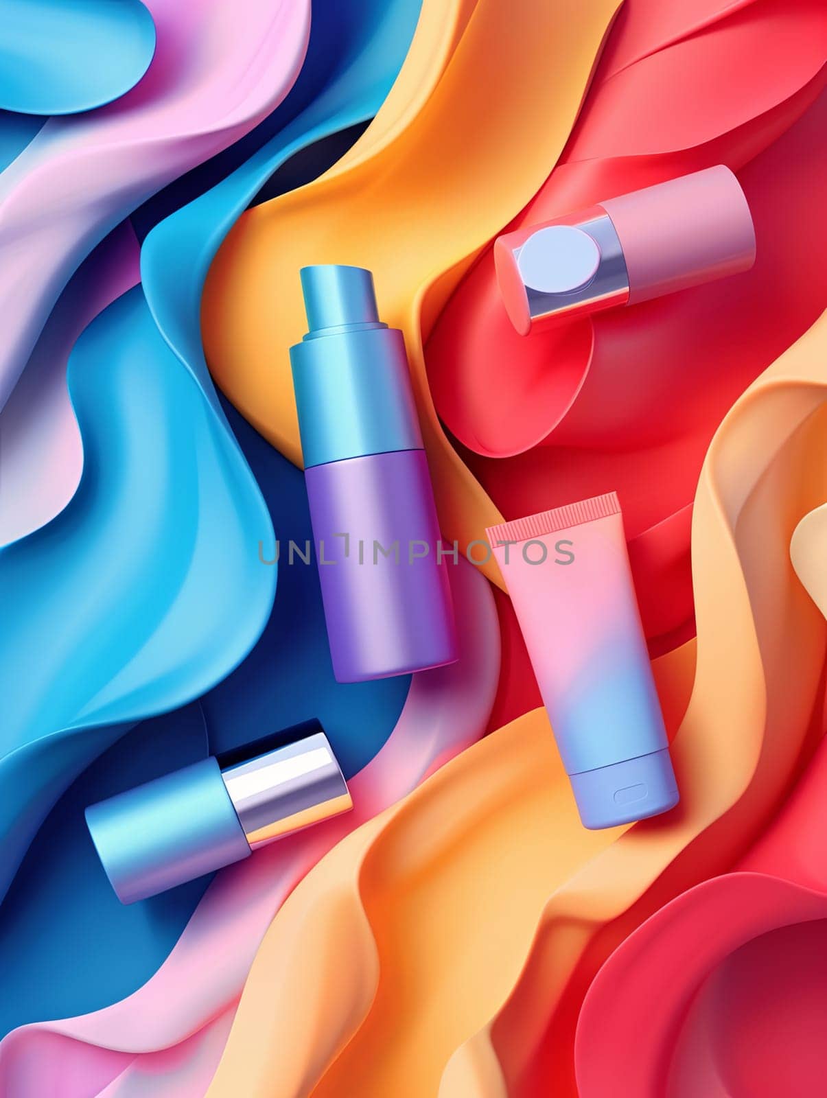 A detailed view of a lipstick placed on a vibrant and colorful background. Generative AI by AnatoliiFoto
