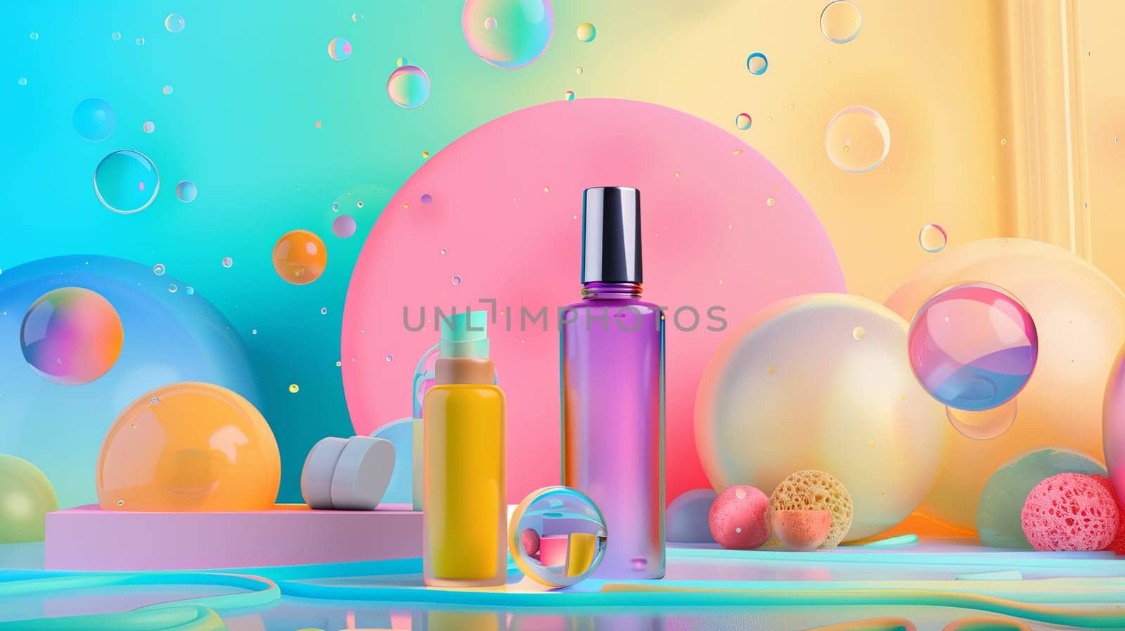 A bottle of lotion and another bottle of lotion placed on a table in a room with abstract colorful backgrounds, suitable for cosmetic brand promotions.