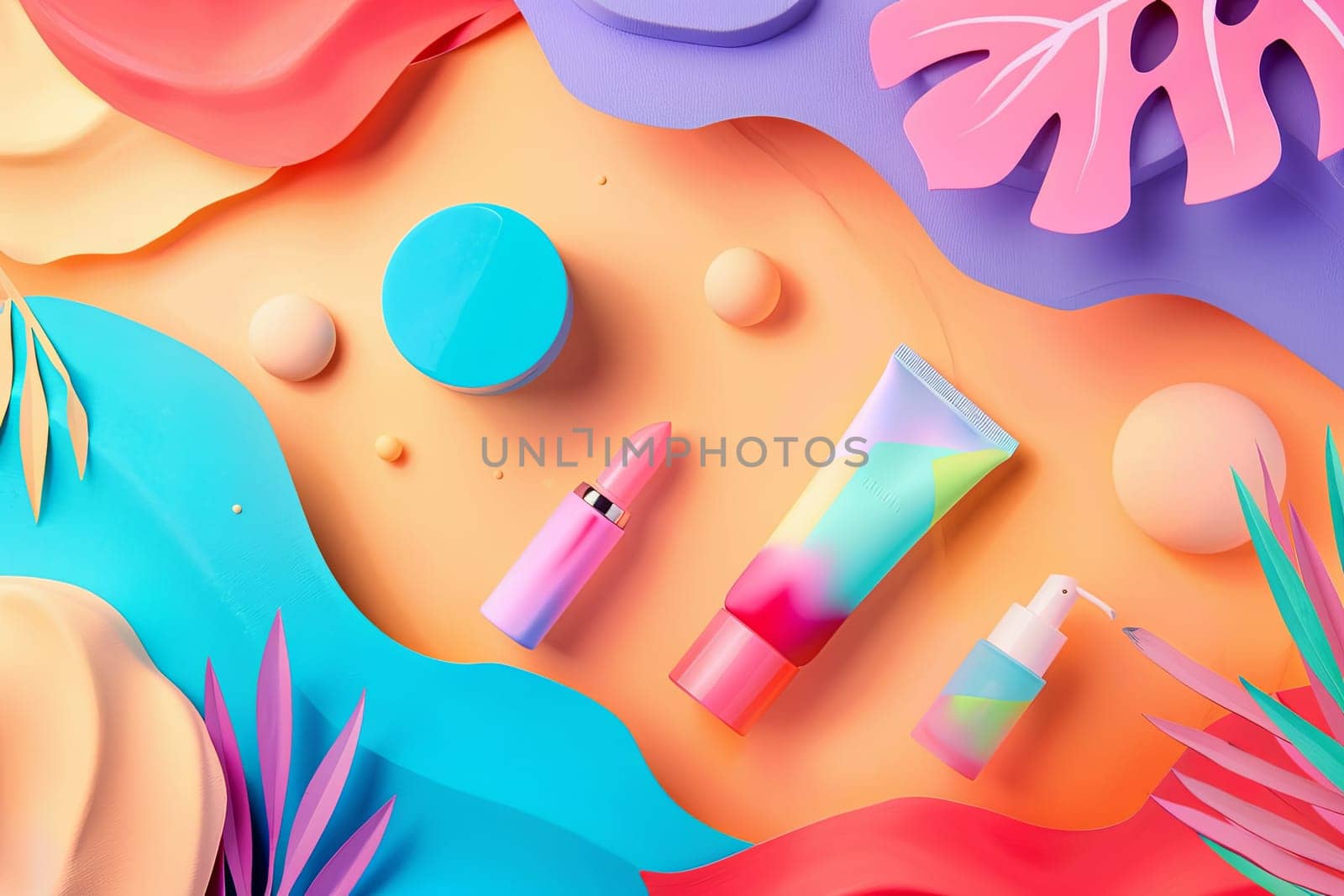 A colorful background showcasing a wide array of different cosmetic items, perfect for beauty brands and visual merchandising purposes.
