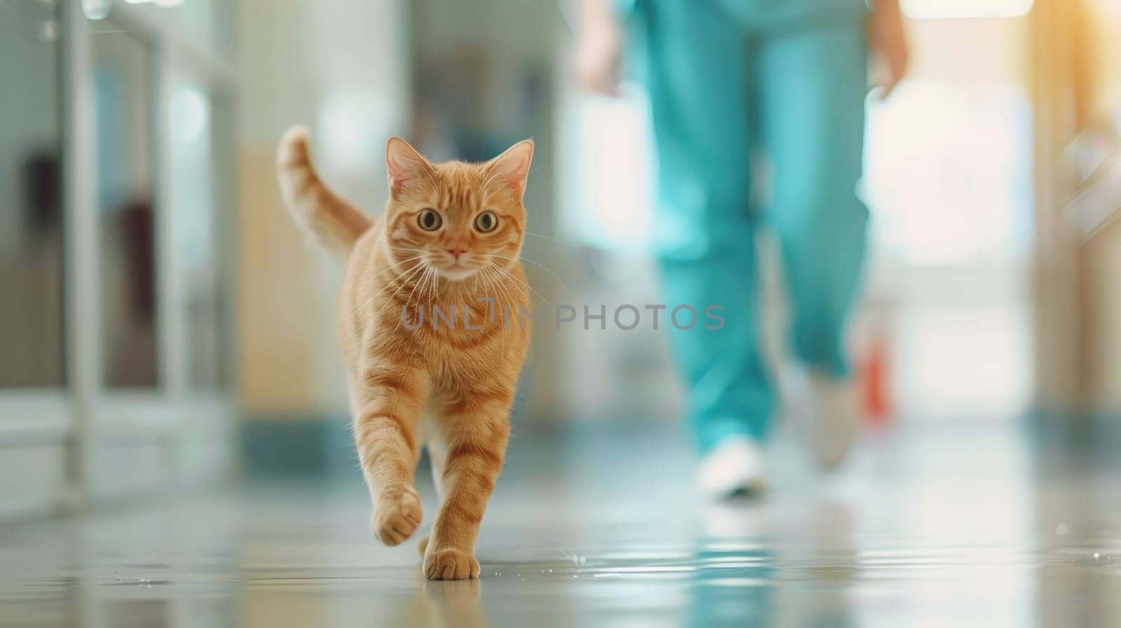 A cat running from a veterinarian in a pets hospital, Veterinarian with a Cat, Pet clinic by nijieimu