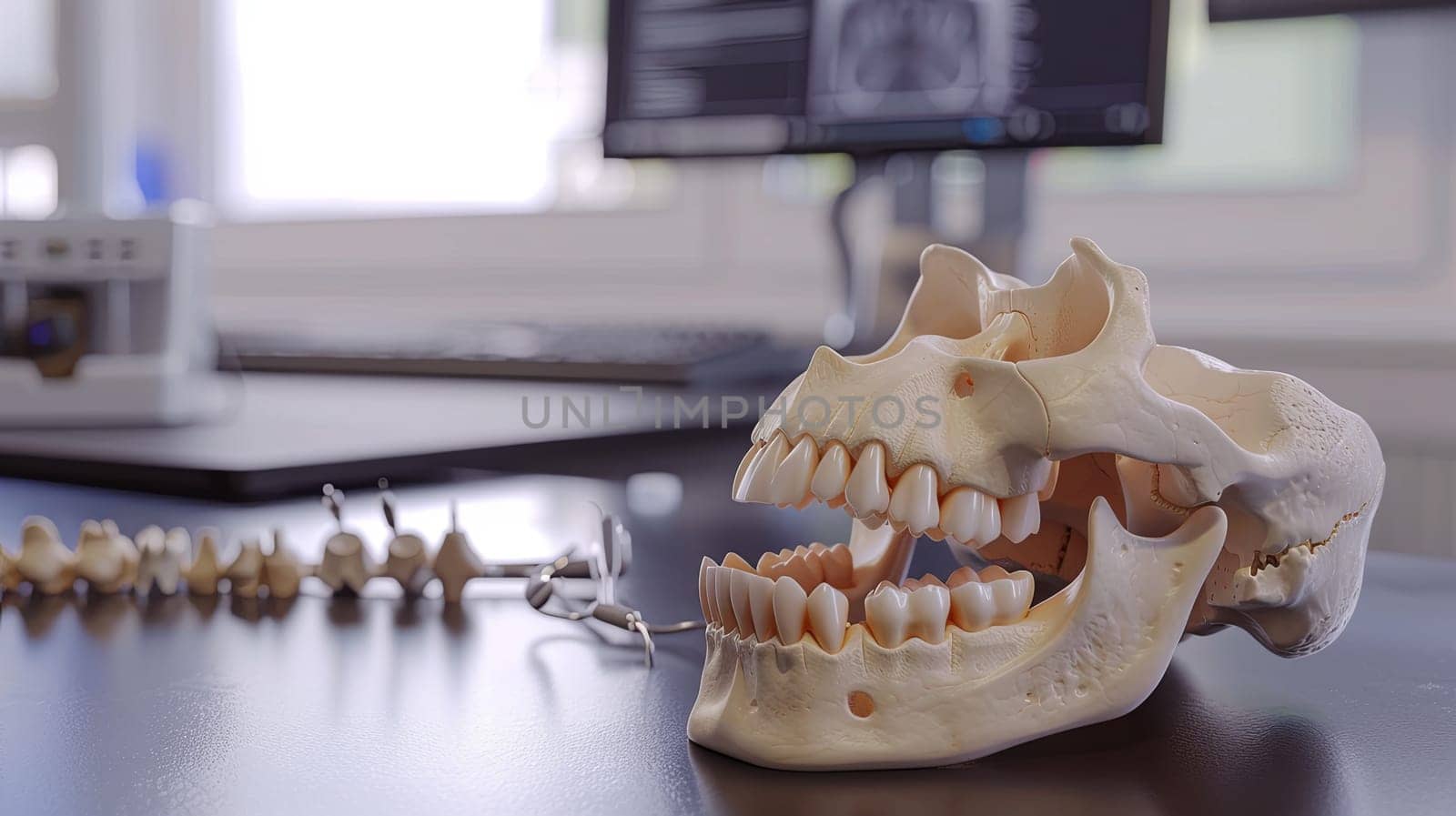 A precise 3D model of a human skull displaying detailed teeth structure. Ideal for educational purposes in dental schools and medical conferences. Generative AI by AnatoliiFoto