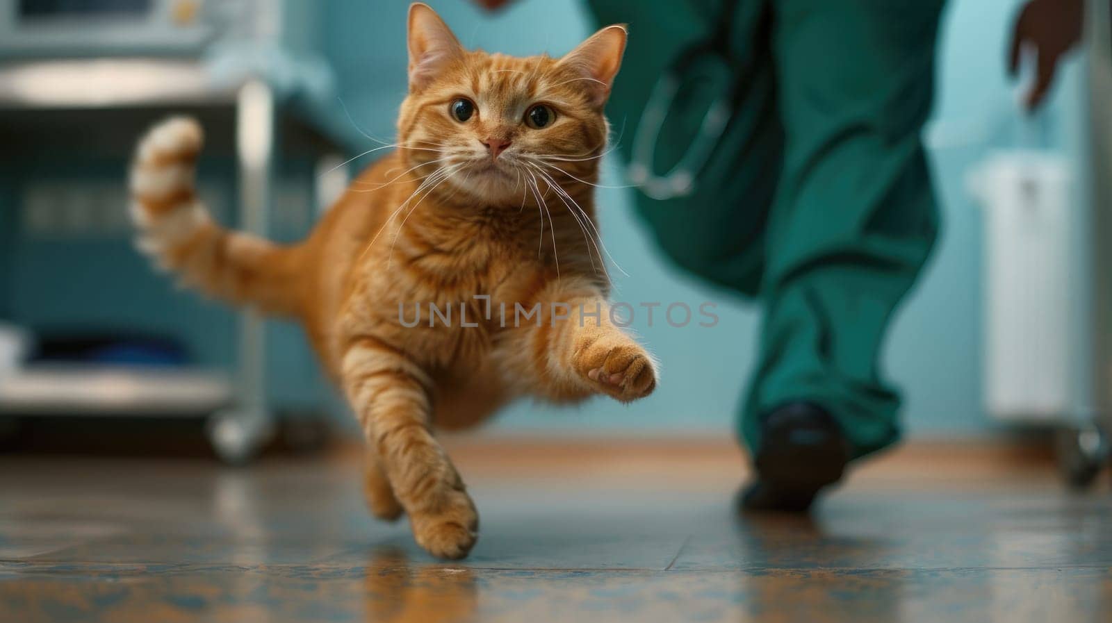 A cat running from a veterinarian in a pets hospital, Veterinarian with a Cat, Pet clinic by nijieimu