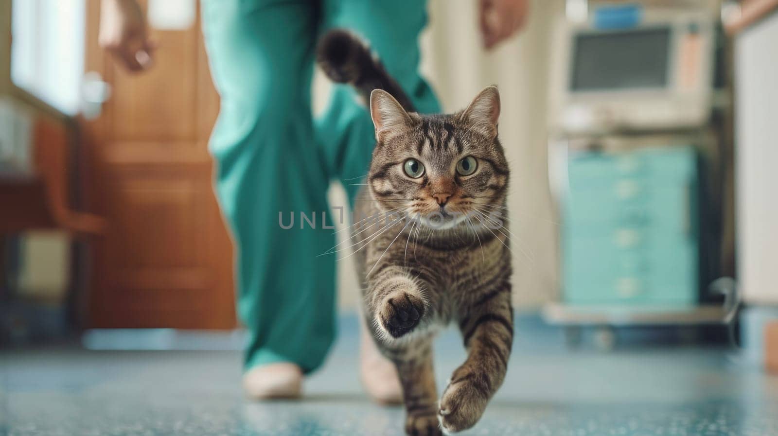 A cat running from a veterinarian in a pets hospital, Veterinarian with a Cat, Pet clinic by nijieimu