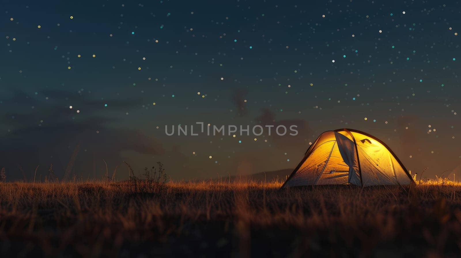 Tent is lit up on the field with a beautiful night sky and stars above.