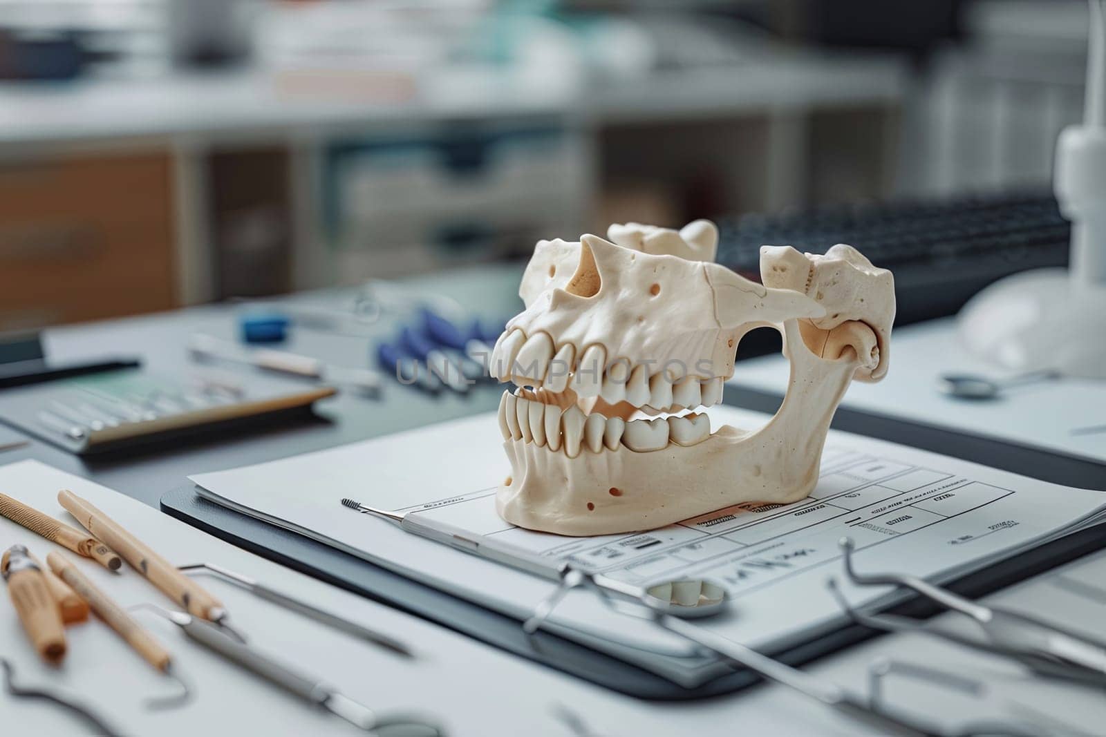 A 3D model of a human skull is displayed on a table, ideal for educational purposes in dental schools or medical conferences.