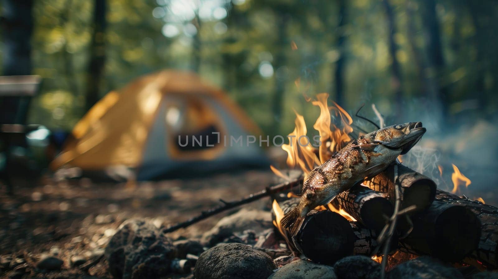 Roasting a fish at campfire, Evening campfire, Outdoor kitchen and camping area in the forest.