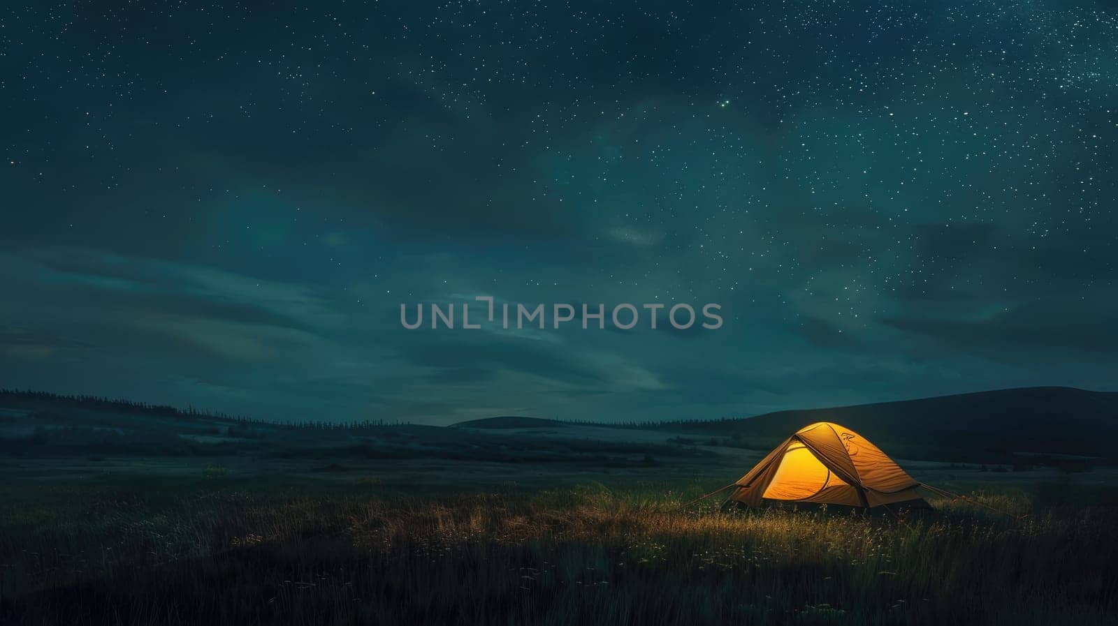 Tent is lit up on the field with a beautiful night sky and stars above.