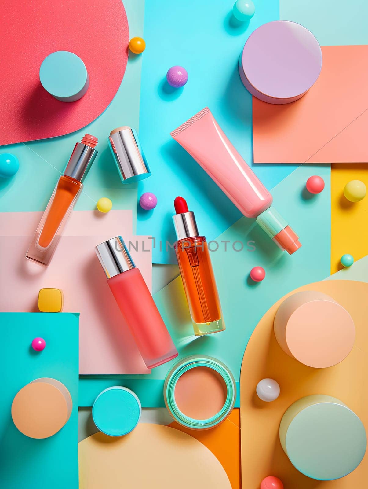 Various colored lipsticks are arranged on a colorful surface, creating a vibrant and eye-catching display of cosmetic products.