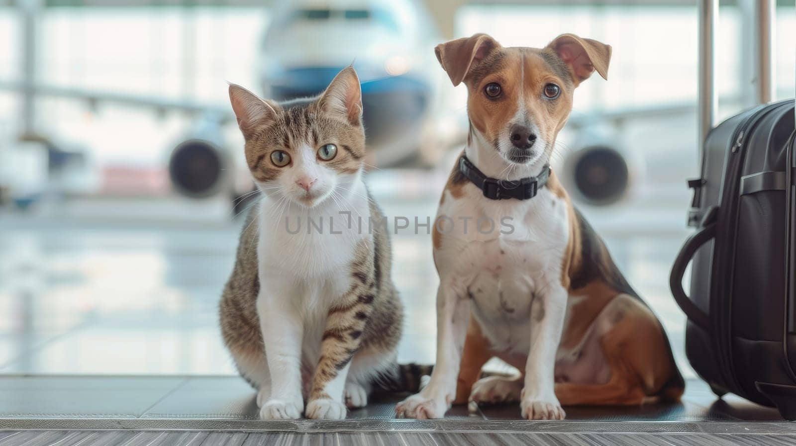 A cat and a dog are seated by luggage in the airport waiting area, Concept of traveling with pets.