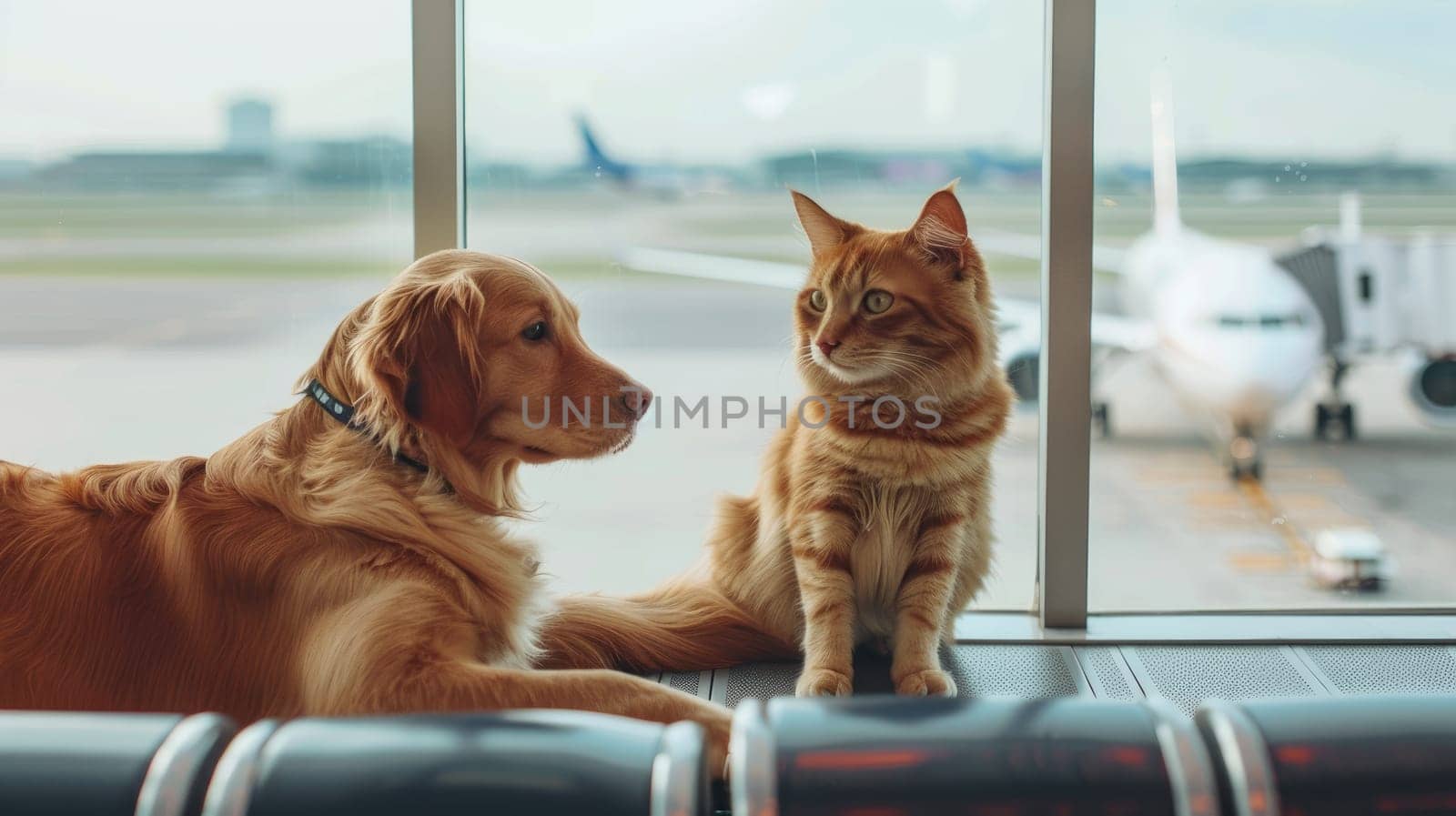 A dog and a cat are sitting on a bench in an airport waiting for their flight by nijieimu