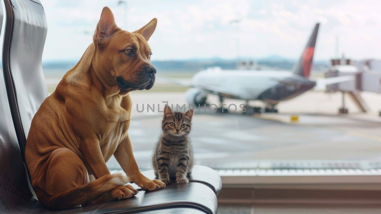 A dog and a cat are sitting on a bench in an airport waiting for their flight by nijieimu