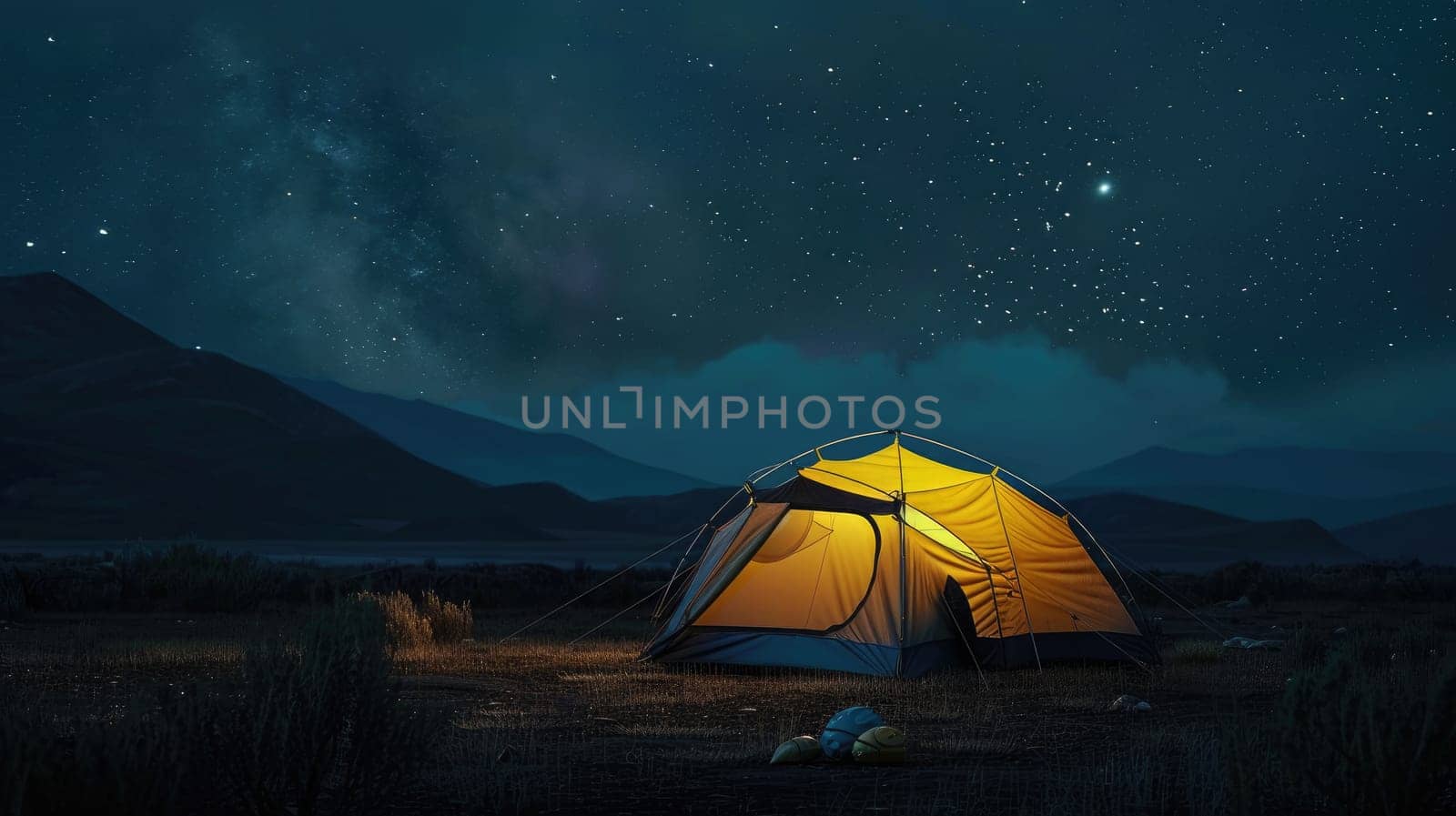 Tent is lit up on the field with a beautiful night sky and stars above.