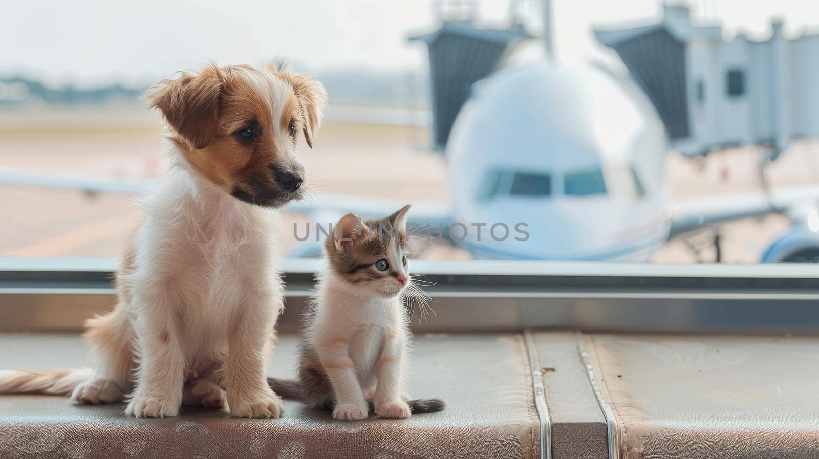 A cat and a dog are seated by luggage in the airport waiting area, Concept of traveling with pets.