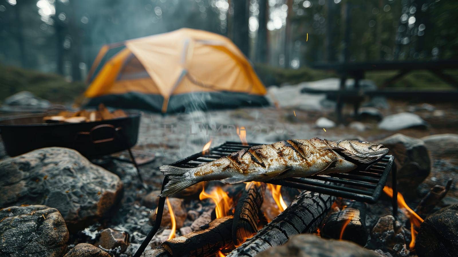 Roasting a fish at campfire, Evening campfire, Outdoor kitchen and camping area in the forest.