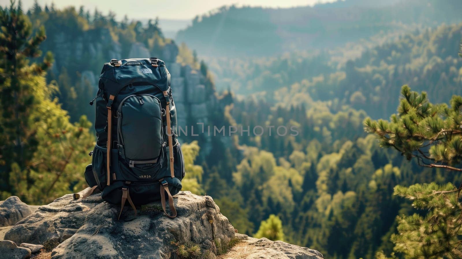 A backpack stands on a rock against a background of forest and mountains by nijieimu