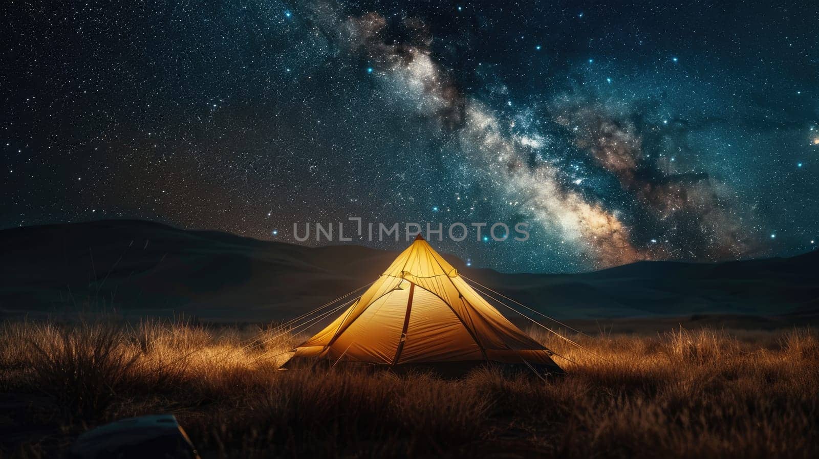 Tent is lit up on the field with a beautiful night sky and stars above, Milky way galaxy.