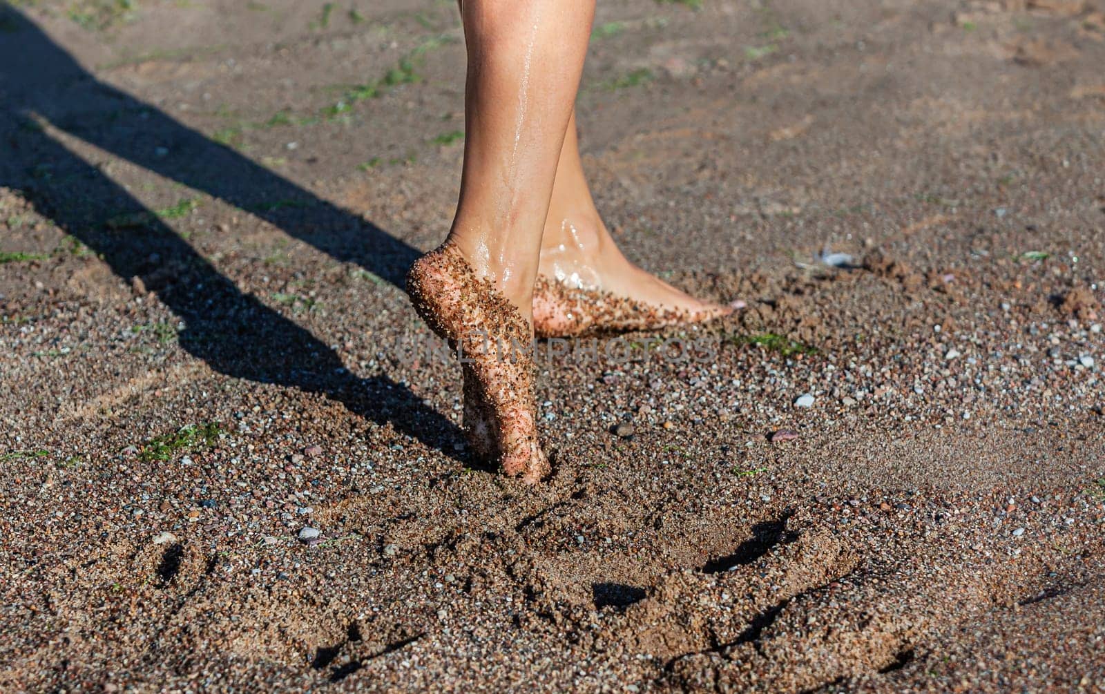 Nude female legs close up stepping on the sea sand on the coast.  Nudity and healthy lifestyle concept