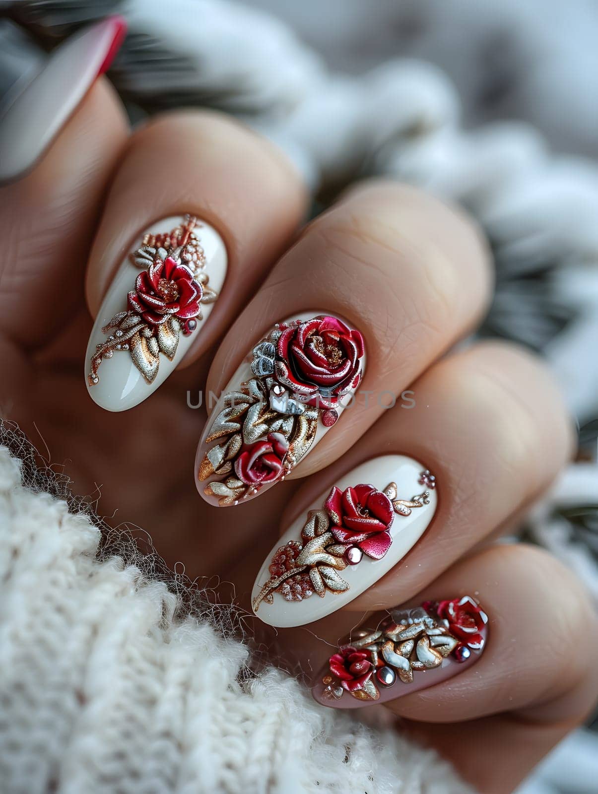 Her nails are elegantly adorned with red roses and rhinestones, thanks to a manicure service using nail polish, liquid, and nail care products