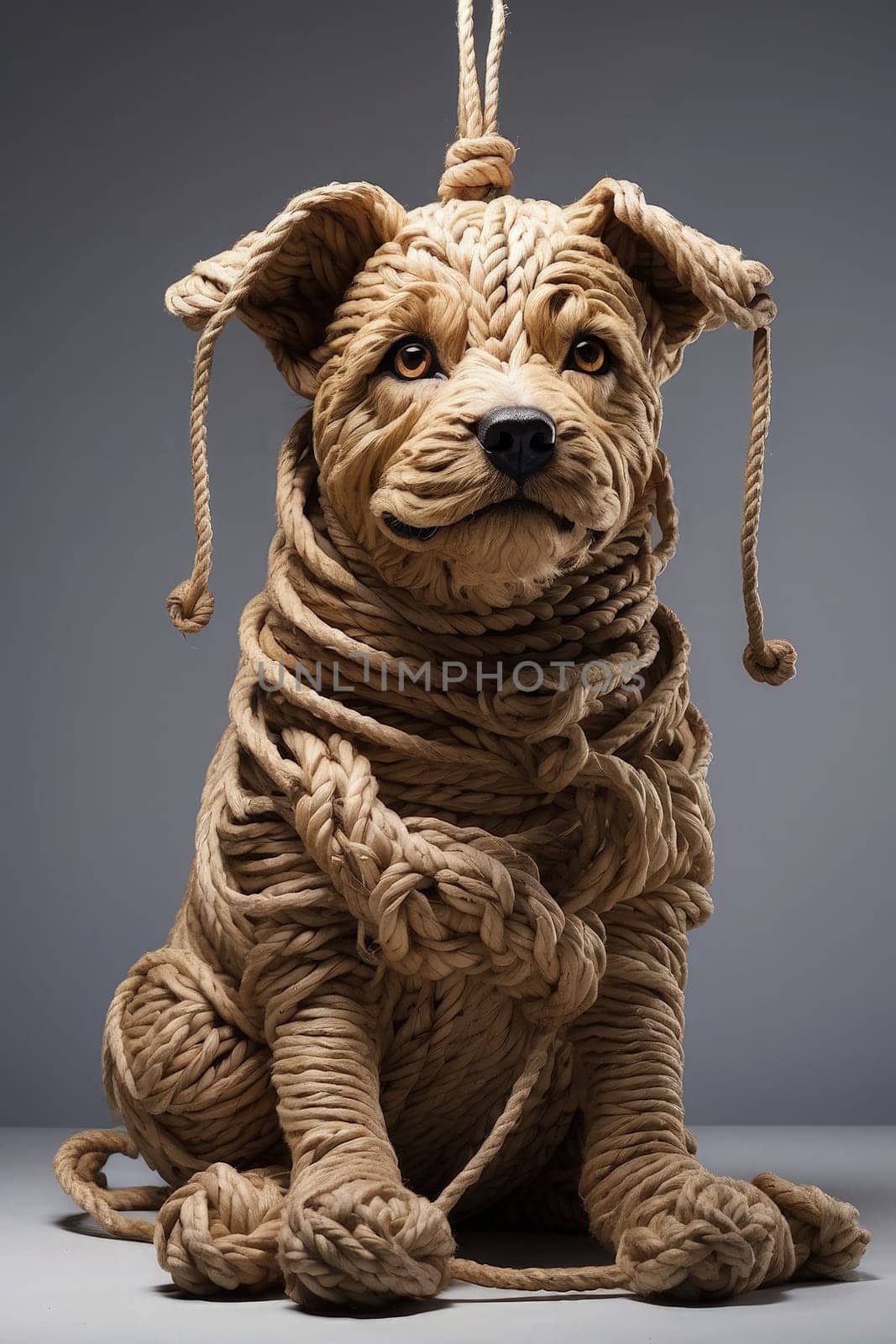 Cute dog made of rope on grey background. Studio shot. Generative AI.