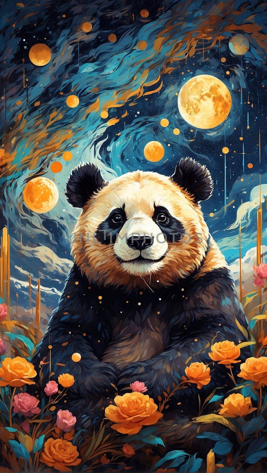 Illustration of a panda in the forest at night with full moon. Generative AI.
