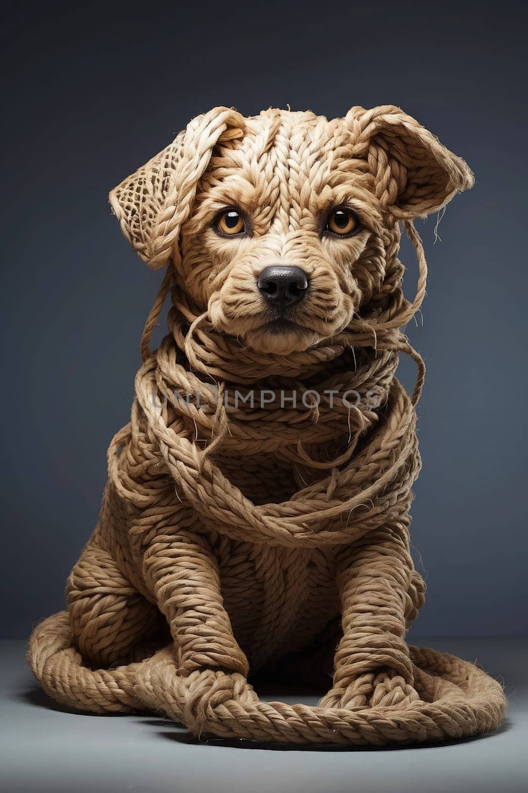 Cute dog with knitted ropes on gray background. Studio shot. Generative AI.