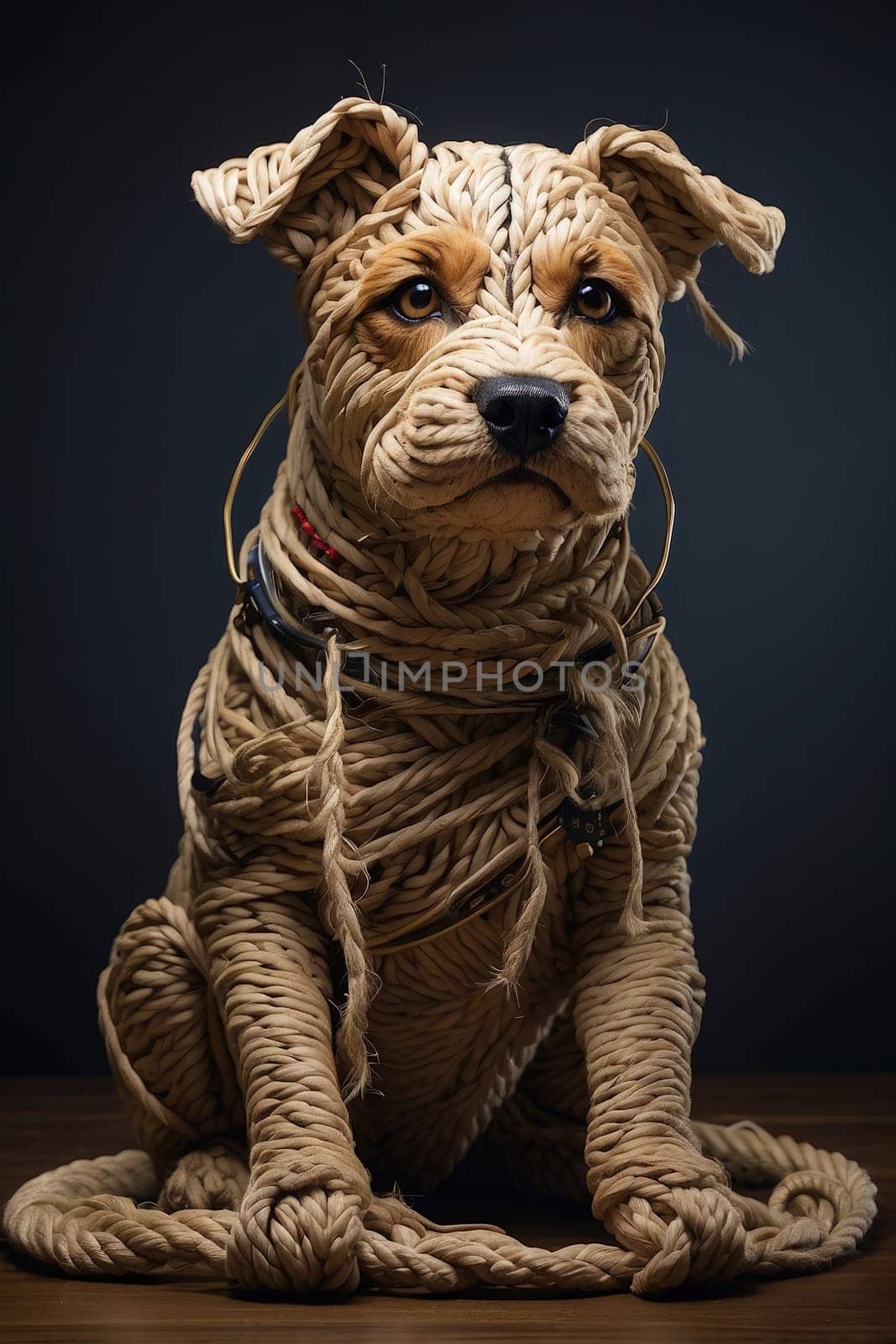 Studio portrait of a cute staffordshire bull terrier dog wearing a knitted ropes. Generative AI.