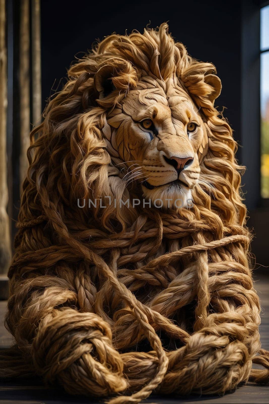 Close-up of a lion statue made of rope in the background. Generative AI.